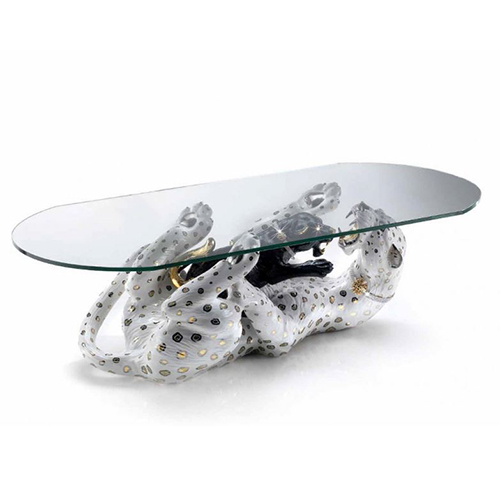 Стол с изображением лежащей пантеры и маленького детёныша под стеклом